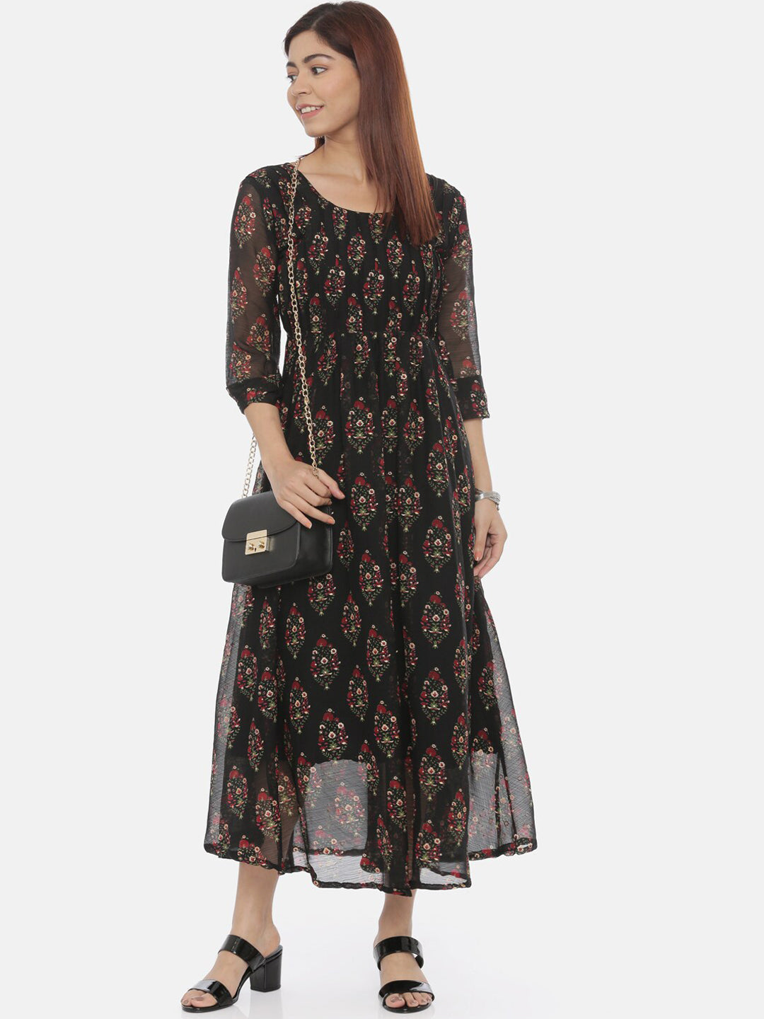 Souchii Women Black Printed Fit And Flare Beautiful Dress - Swadesiicart