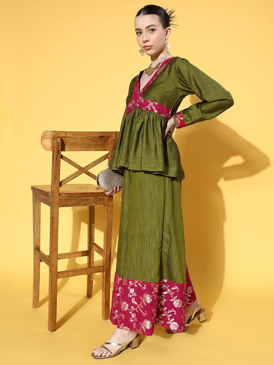 InWeave Women's Olive Pink Brocade Mughal Shaan Kurta Palazzo Set - Swadesiicart
