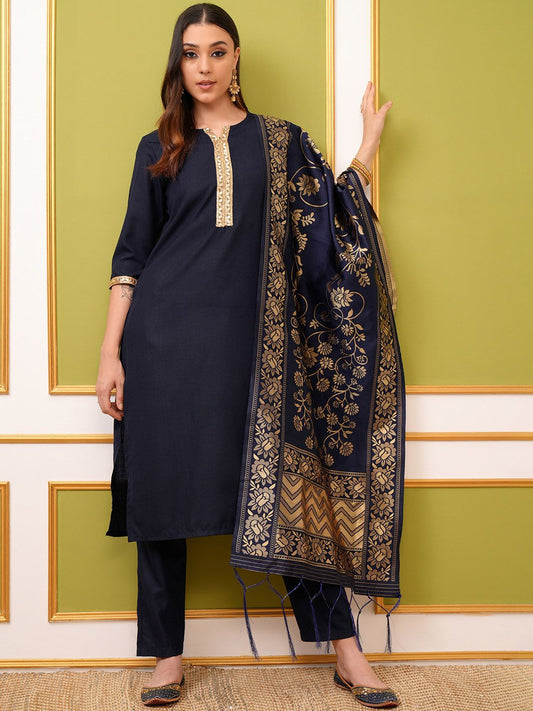 Vishudh Navy Blue & Gold Toned Round Neck Regular Kurta with Trousers & With Dupatta - Swadesiicart