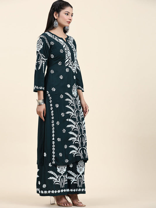 HOUSE OF KARI Floral Embroidered Chikankari Pure Cotton Straight Kurta With Palazzo | Swadesiicart
