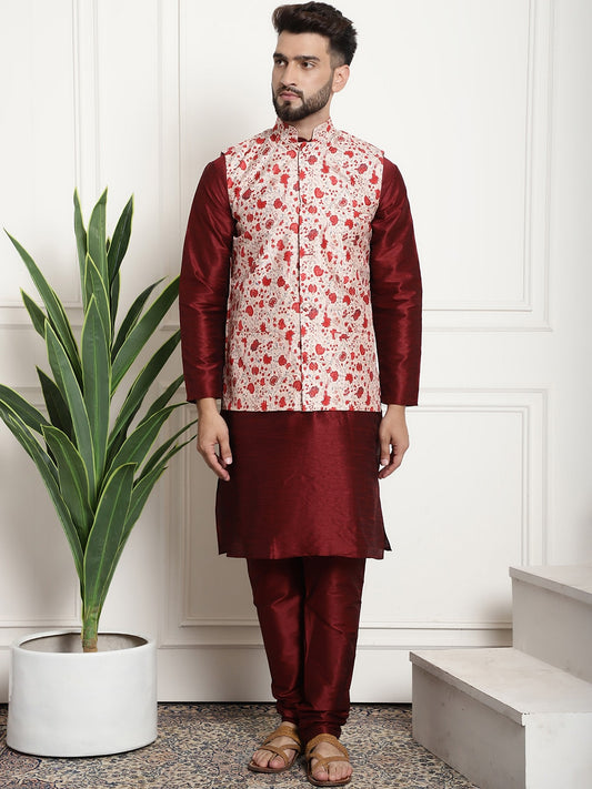Sojanya Men Maroon & Beige Self Design Kurta with Churidar & Nehru Jacket | Swadesiicart