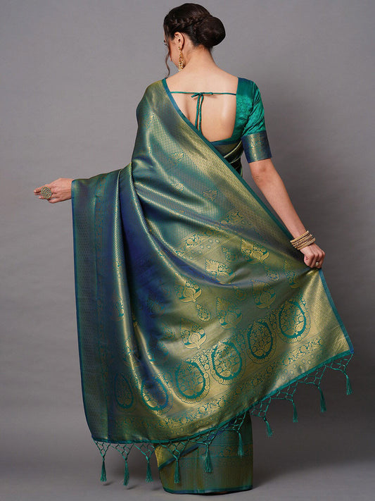 Mitera Teal & Gold-Toned Woven Design Zari Silk Blend Banarasi Saree | Swadesiicart
