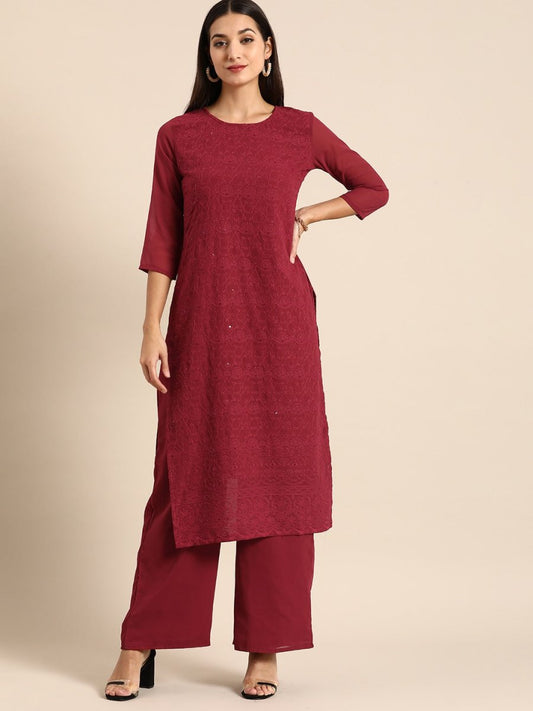 All About You Women Maroon Ethnic Motifs Embroidered Chikankari Kurta with Palazzos | Swadesiicart