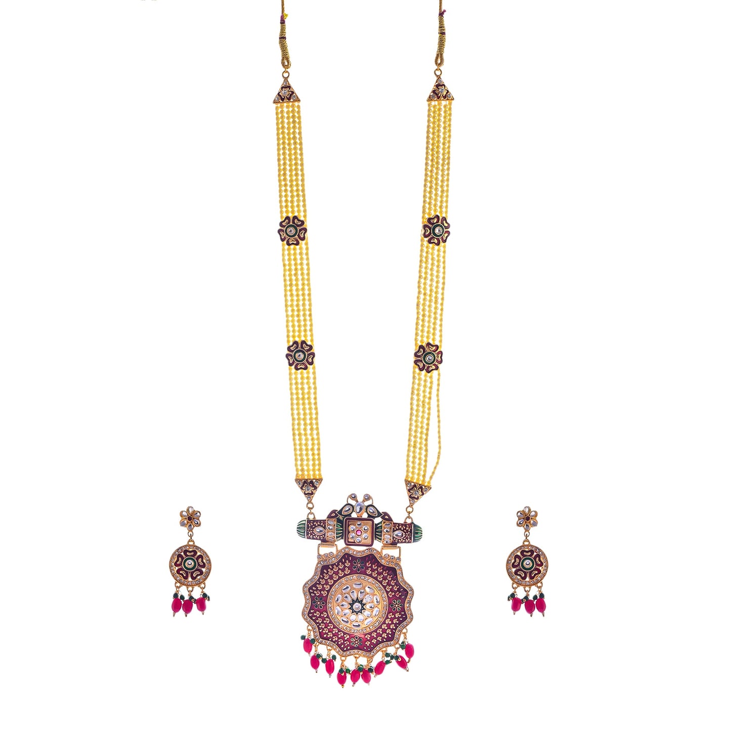 Gold-Polished Alloy Long Pearl Rani Haar Necklace With Round Thewa Pendant Set - The Pari | Swadesiicart
