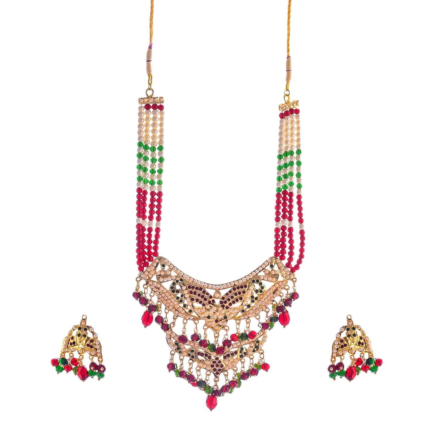 Gold-Polished Alloy Jadau Worktraditional Ethnic Beaded Necklace Set - The Pari - Swadesiicart