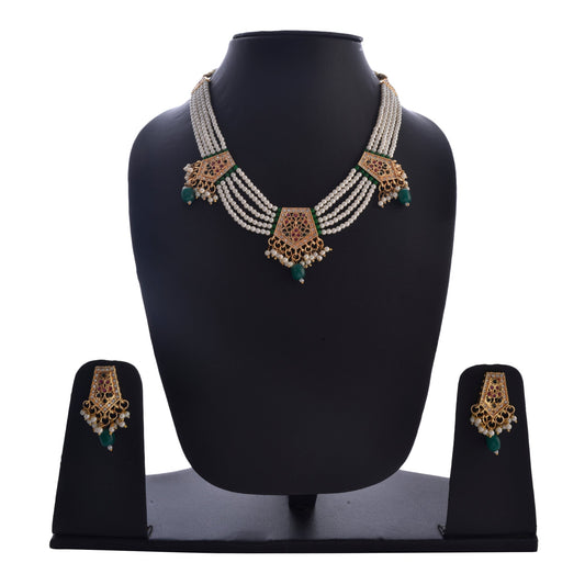 Gold-Polished Alloy Pearl Choker Set With Jadau Kundan Work Motifs - The Pari | Swadesiicart