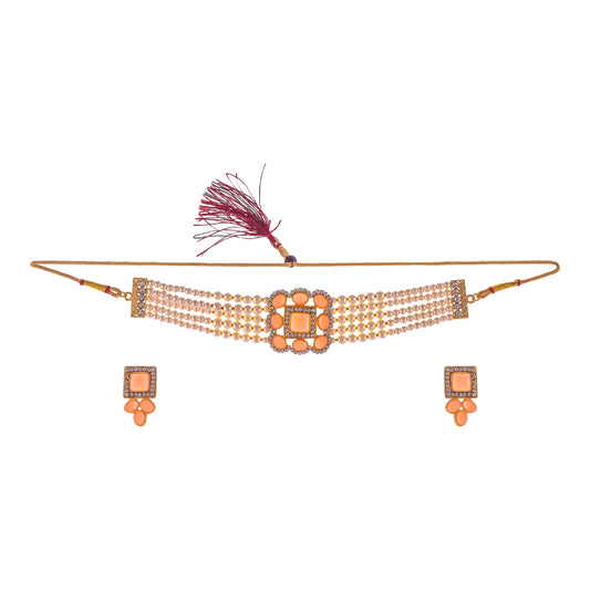 Gold-Polished Alloy Neon Square Motif Pearl Choker Necklace Set - The Pari