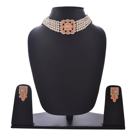Gold-Polished Alloy Neon Square Motif Pearl Choker Necklace Set - The Pari | Swadesiicart