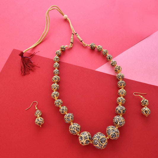 Gold-Polished Alloy Victorian Look Classy Mala Necklace With Earrings - The Pari