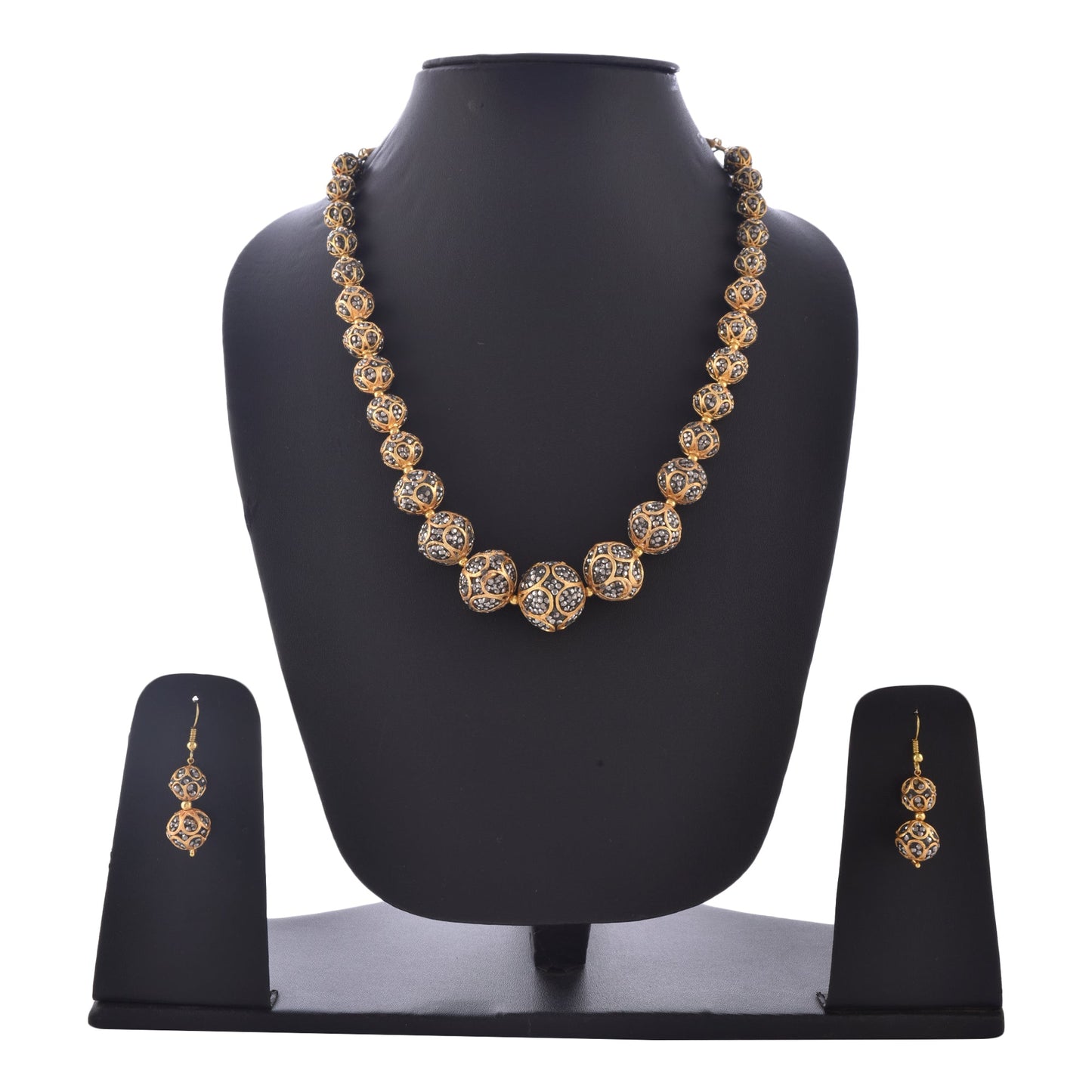 Gold-Polished Alloy Victorian Look Classy Mala Necklace With Earrings - The Pari - Swadesiicart