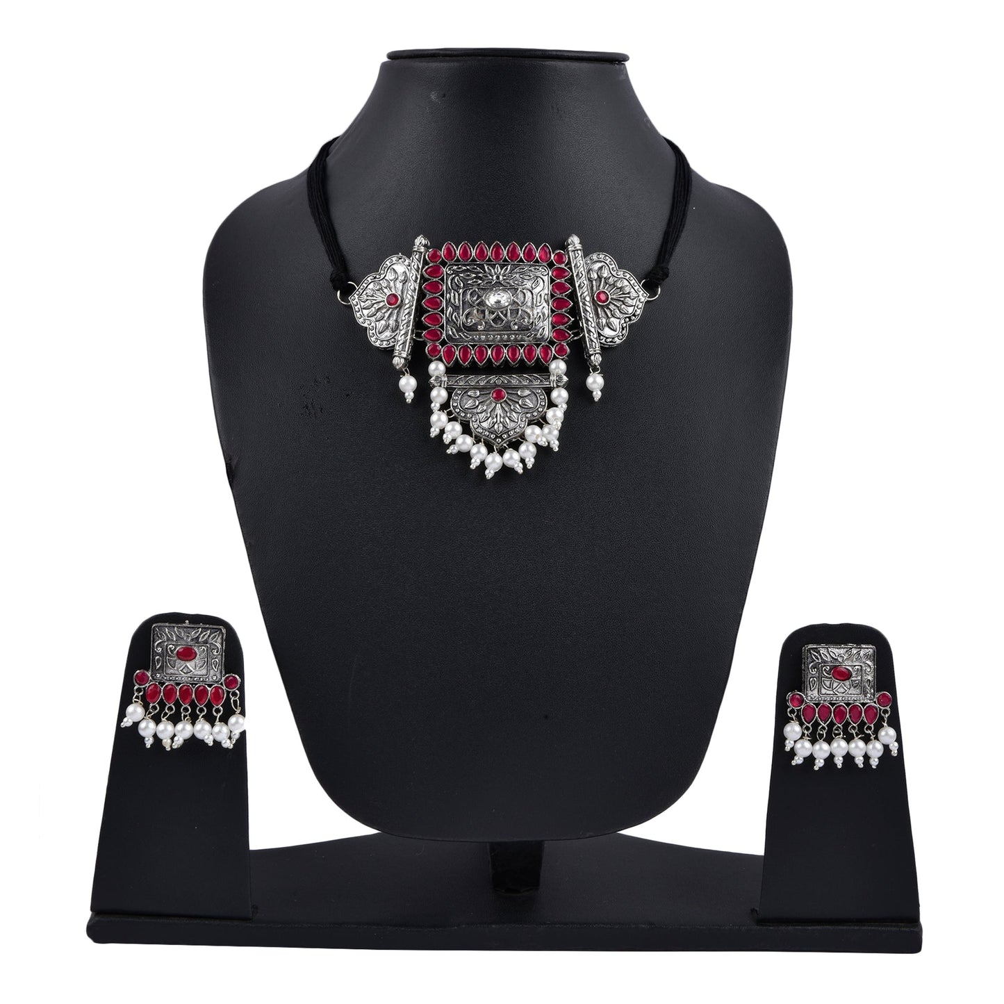 Silver-Plated Alloy Oxidised Tribal Pendant Choker Necklace - The Pari | Swadesiicart