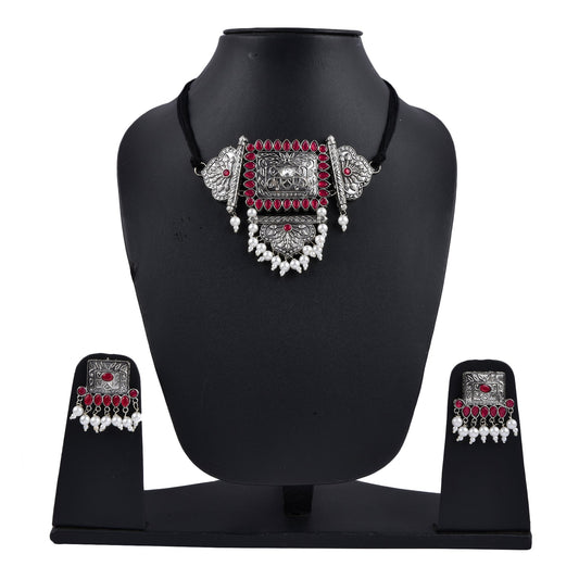Silver-Plated Alloy Oxidised Tribal Pendant Choker Necklace - The Pari