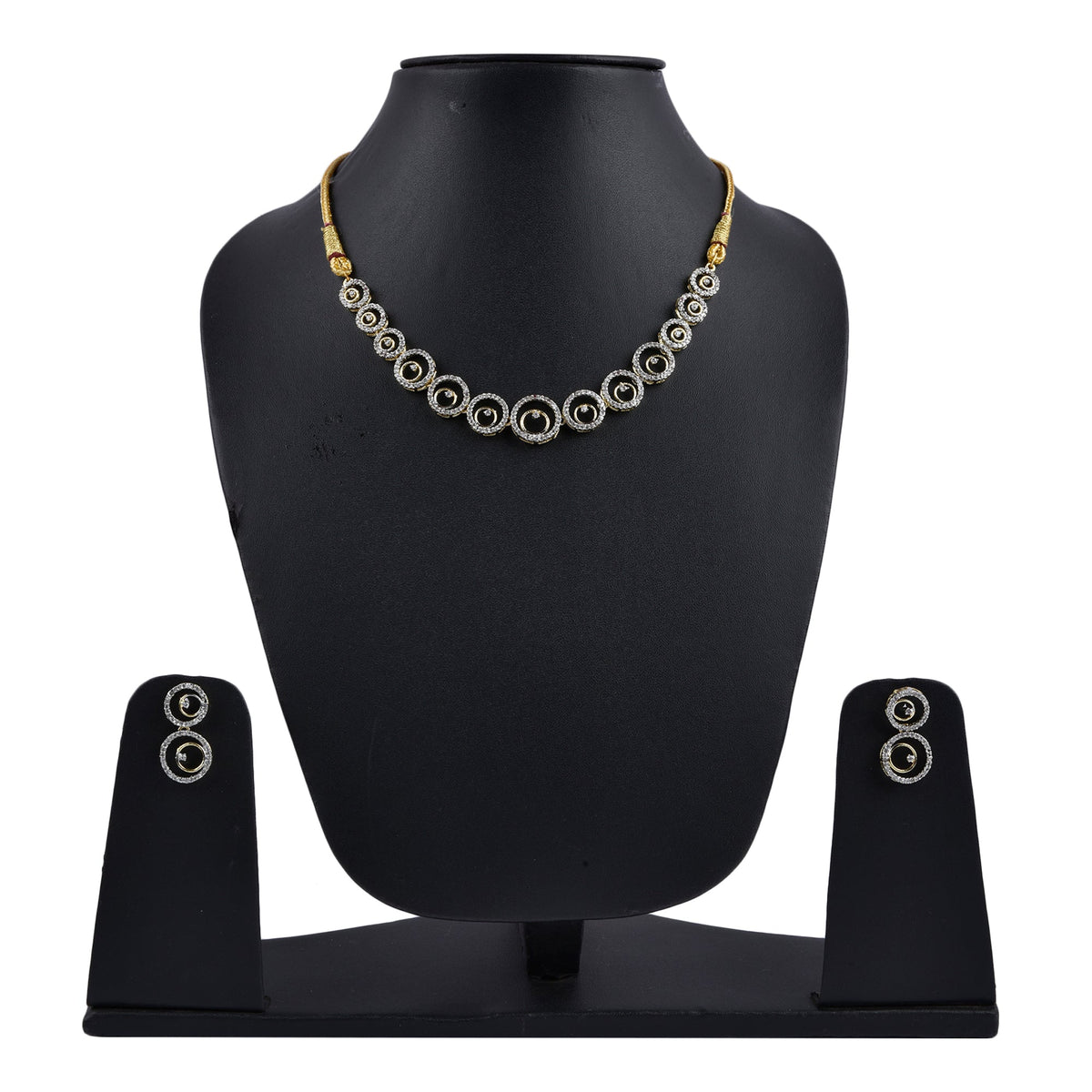 Rhodium-Plated Alloy American Diamond Circle Style Necklace With Earring Ring And Bracelet Set - The Pari