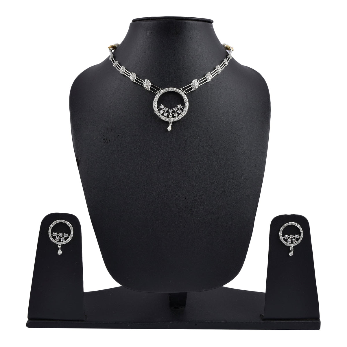 Rhodium-Plated Alloy Round Motif Ad Necklace Set - The Pari