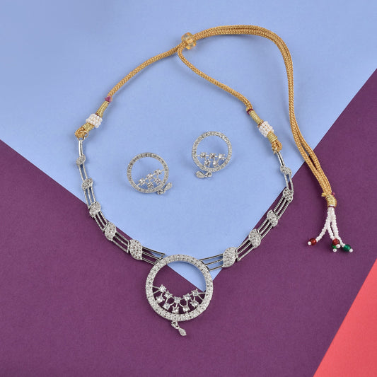 Rhodium-Plated Alloy Round Motif Ad Necklace Set - The Pari - The Pari - Dinesh Associates