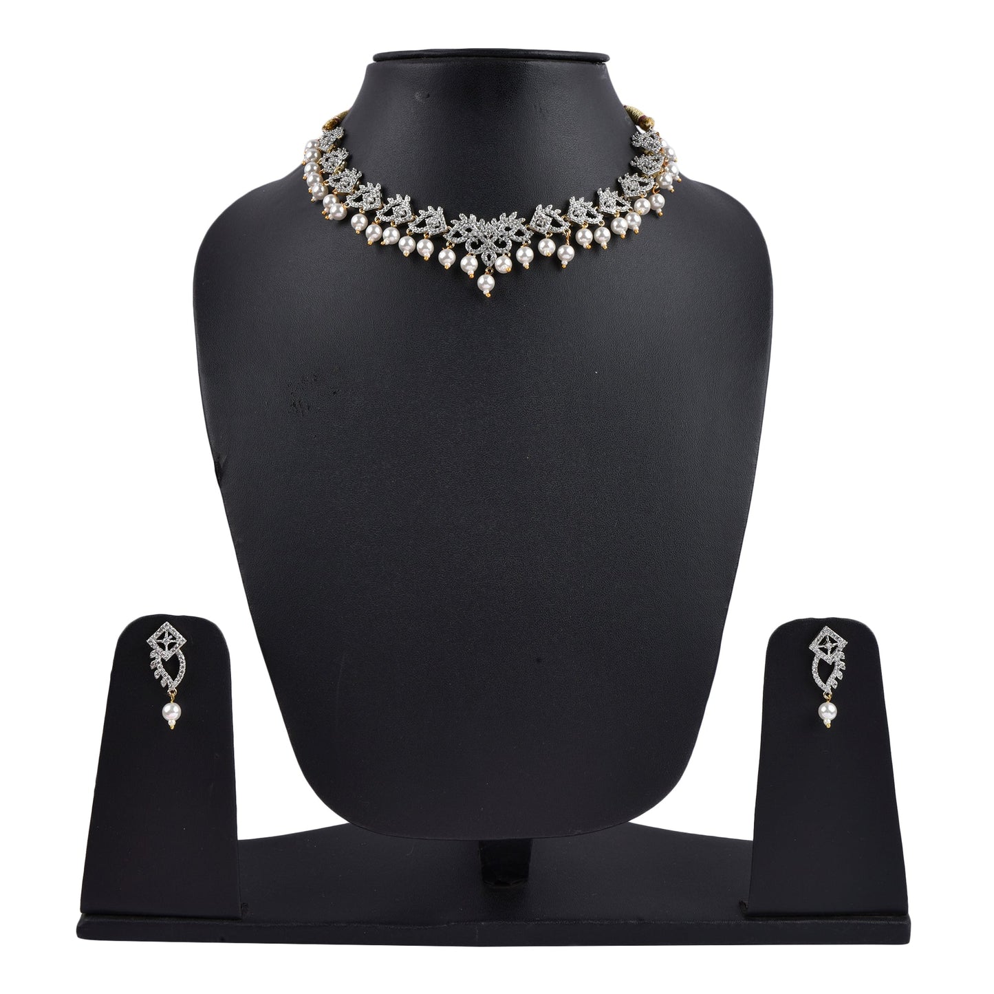 Rhodium-Plated Alloy Pearl Hanging Designer Choker Necklace - The Pari | Swadesiicart