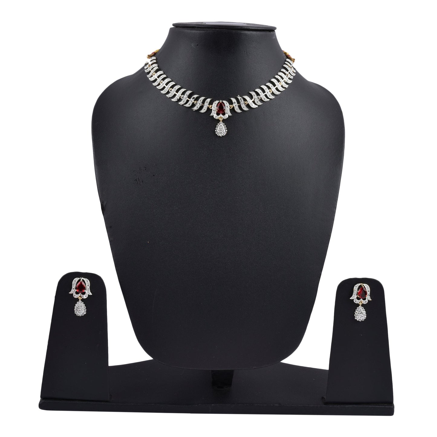 Rhodium-Plated Alloy Nagin Inspired Ruby Stone Ad Necklace Set - The Pari - Swadesiicart