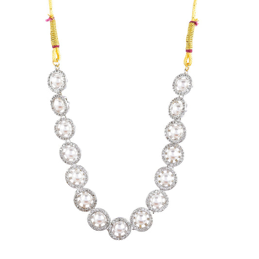 Rhodium-Plated Alloy Silver Ad Necklace With Pearls - The Pari