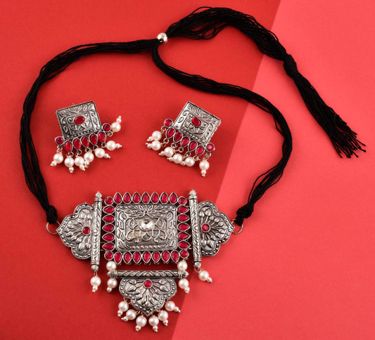 Silver-Plated Alloy Oxidised Tribal Pendant Choker Necklace - The Pari | Swadesiicart