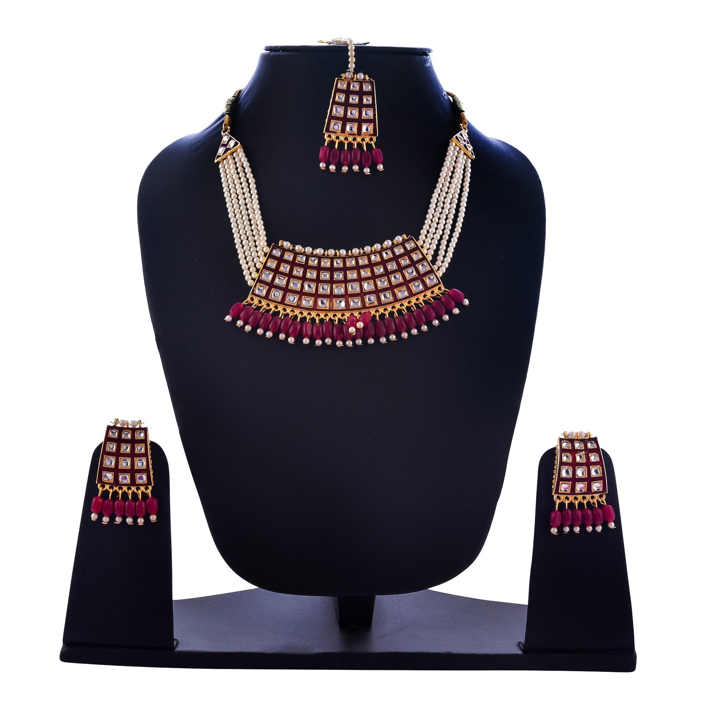 Gold-Polished Alloy Pearl Studded Kundan Choker Necklace Set With Maangtika - The Pari | Swadesiicart