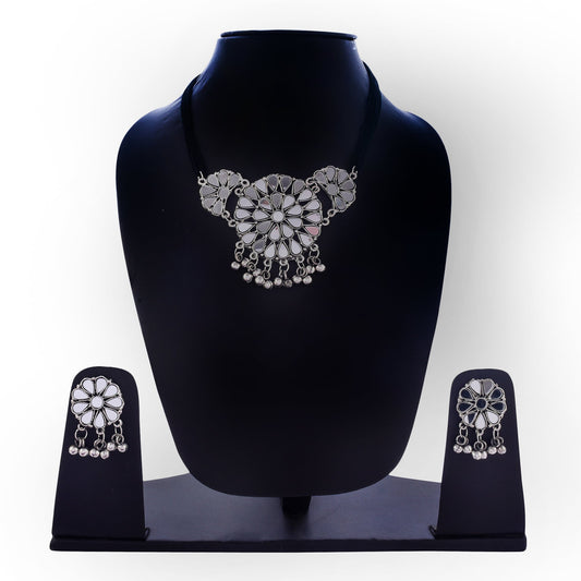 Silver-Plated Alloy Glass Studded Tribal Oxidised Choker Necklace - The Pari | Swadesiicart