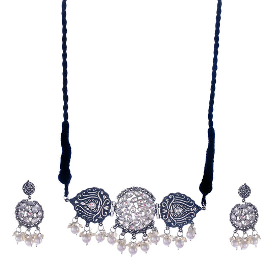 Silver-Plated Alloy Rhinestones Studded Tribal Oxidised Choker Necklace - The Pari | Swadesiicart