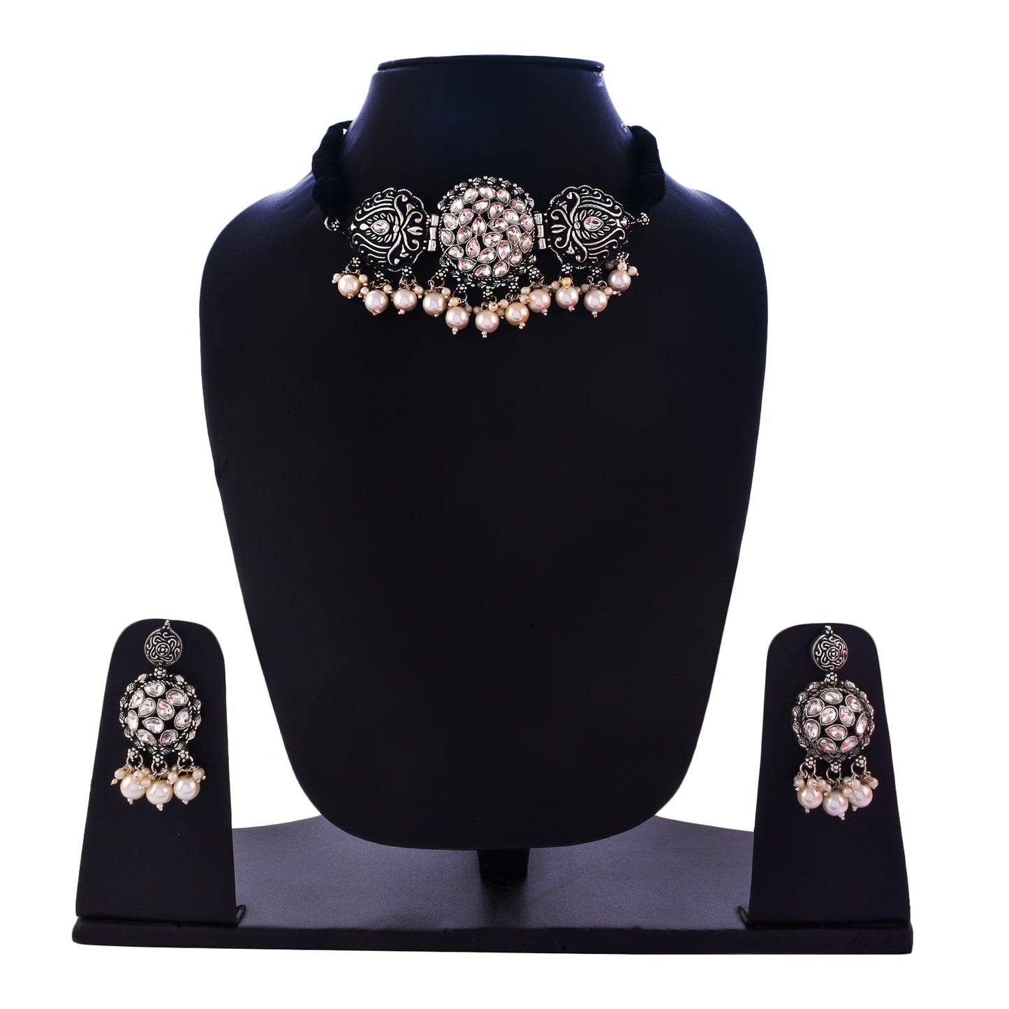 Silver-Plated Alloy Rhinestones Studded Tribal Oxidised Choker Necklace - The Pari | Swadesiicart