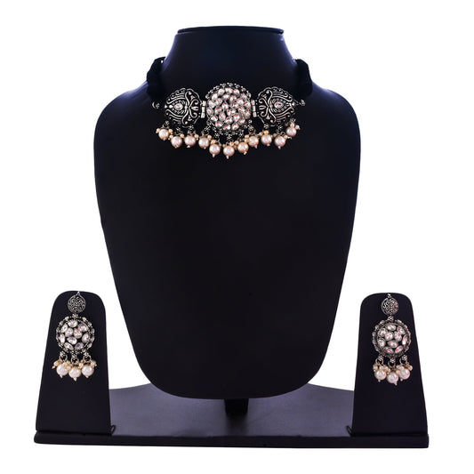 Silver-Plated Alloy Rhinestones Studded Tribal Oxidised Choker Necklace - The Pari | Swadesiicart