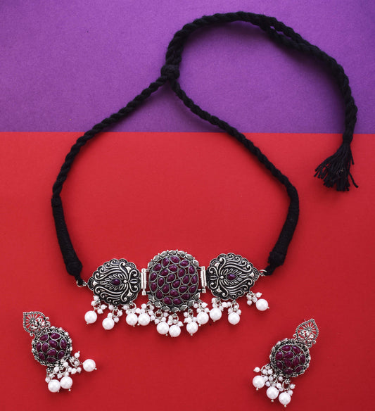 Silver-Plated Alloy Designer Oxidised Choker Necklace - The Pari
