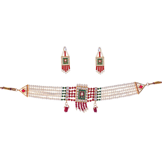 Gold-Polished Alloy Pearl And Glass Bread Choker Necklace - The Pari