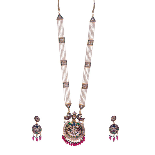 Gold-Polished Alloy Long Pearl Rani Haar Necklace With Thewa Pendant - The Pari | Swadesiicart