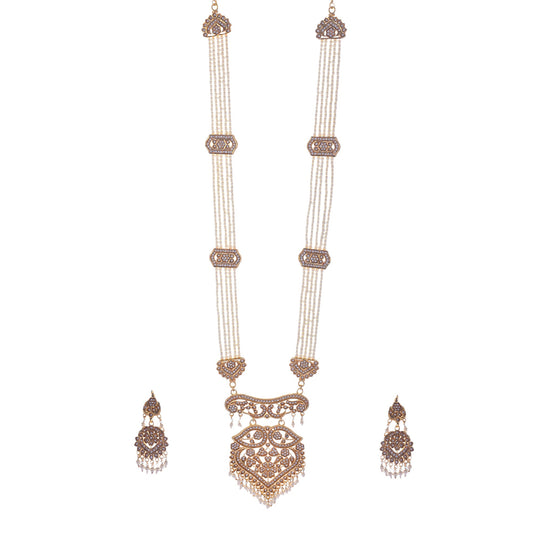 Gold-Polished Alloy Polki Work Long Pearl Rani Haar Necklace - The Pari | Swadesiicart