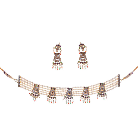Gold-Polished Alloy Five Motif Pearl Choker Necklace - The Pari | Swadesiicart