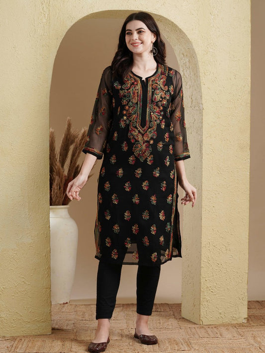 ADA Women Black Embroidered Regular Chikankari Kurta with Trousers | Swadesiicart