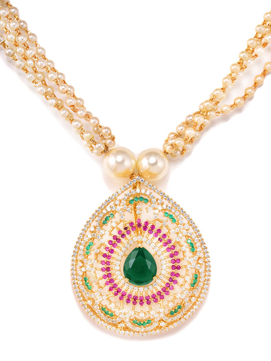 Saraf RS Jewellery Women Gold-Polished Multi Coloured AD Studded Pearl Mala & Earrings Set - Swadesiicart