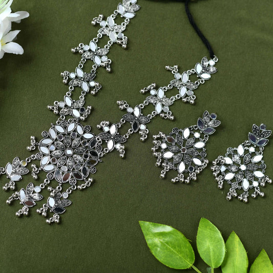 Mominos Fashion Johar Kamal Oxidised Silver-Plated Mirror Work Long Necklace Set - Mominos Fashion