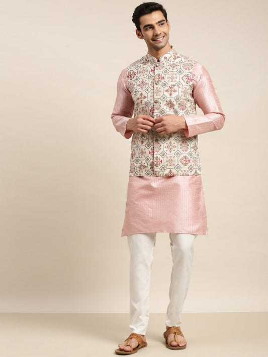 Sojanya Men Pink Solid Kurta & Churidar Comes With a Nehru Jacket | Swadesiicart