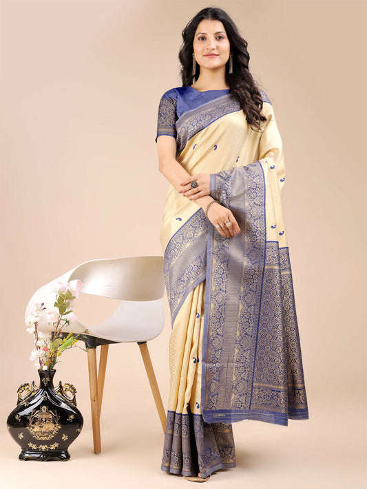 Astita Aura Silk Cream Navy Blue Banarasi Silk Saree | Swadesiicart