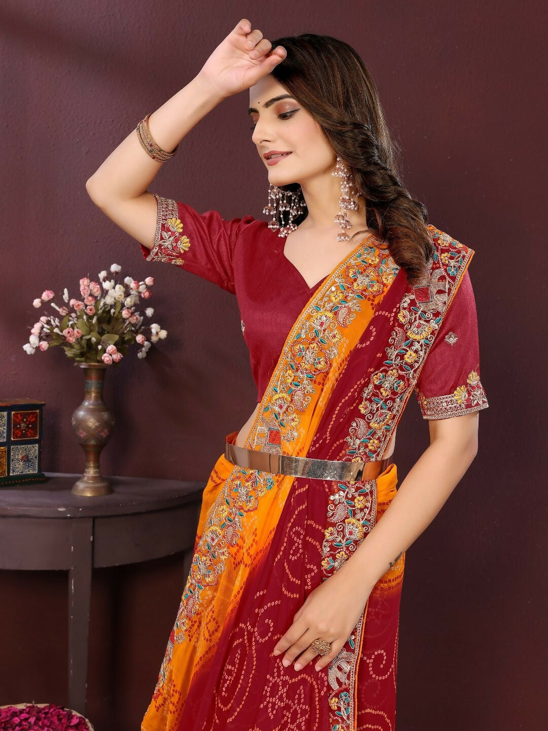 Ai Fashion Maroon Georgette Digital Print Party Wear Saree