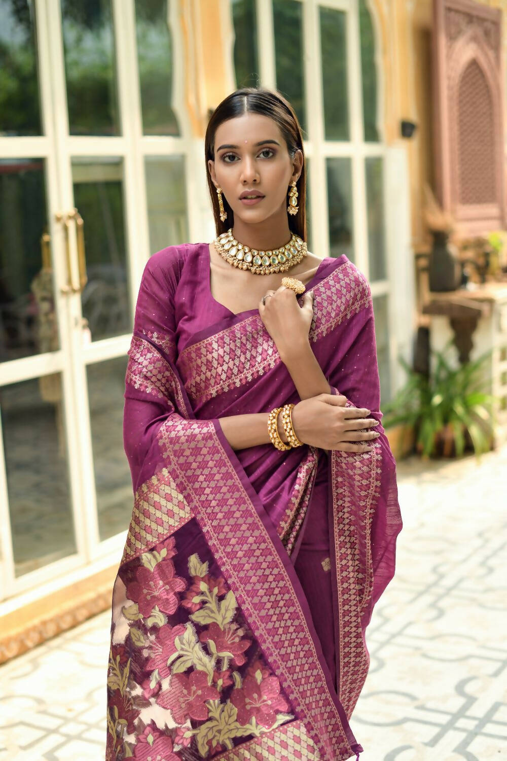 Vishnu Weaves Women's Wine Cotton Silk Zari Woven Butta Work Saree with Blouse - Swadesiicart