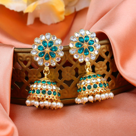 Estele Gold-Polished Traditional Flower Designer Meenakari Jhumka Earrings With Green & White Crystals for Women - Swadesiicart