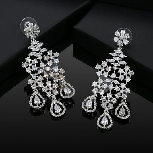 Estele Rhodium Plated CZ Snow Flakes Chandelier Long Dangler Earrings for Women - Swadesiicart