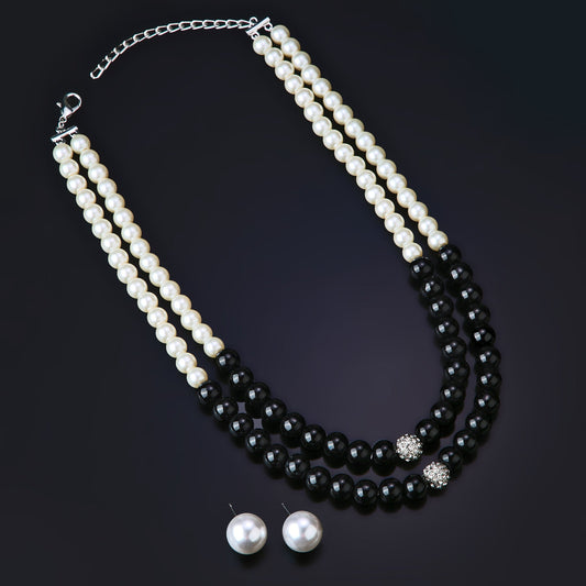 Estele Rhodium Plated Classic Double Line Pearl Necklace Set for Women