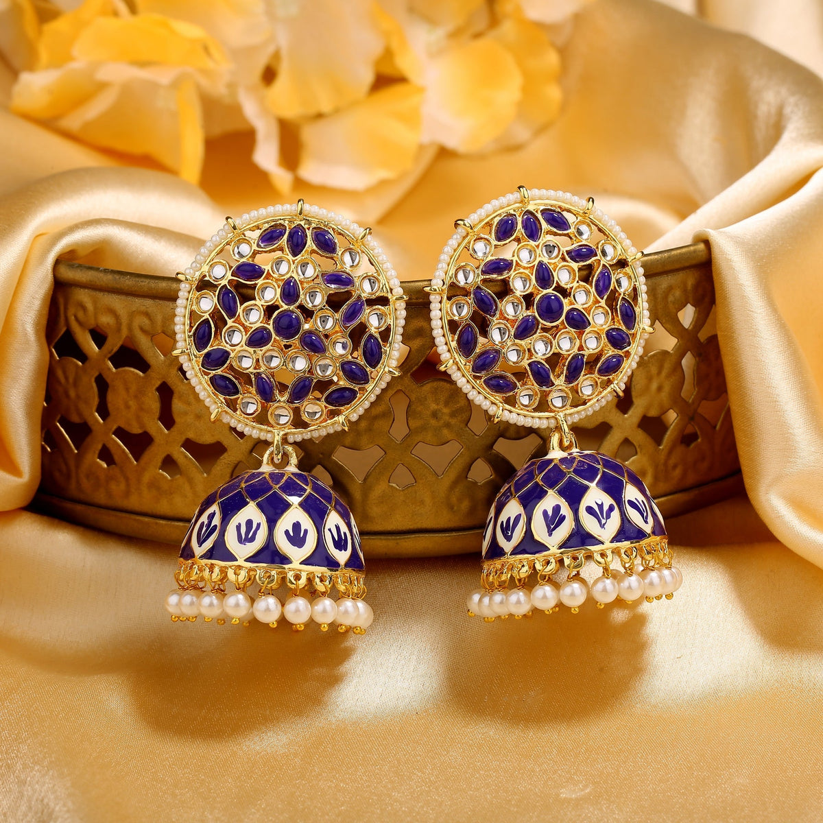 Estele Gold-Polished Blue Meenakari Traditional Kundan Jhumki Earrings with Pearls for Women