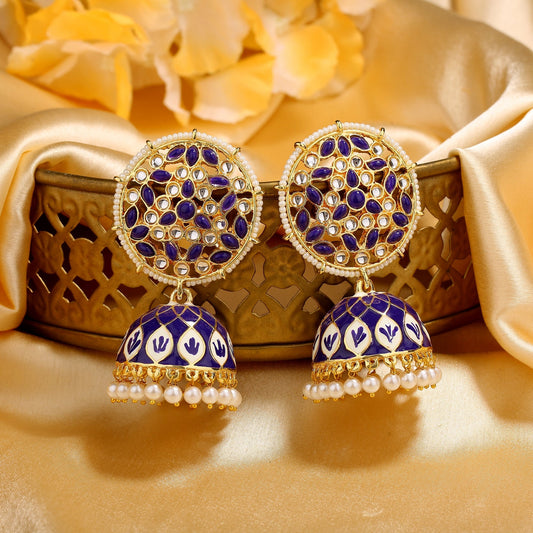 Estele Gold-Polished Blue Meenakari Traditional Kundan Jhumki Earrings with Pearls for Women - Swadesiicart