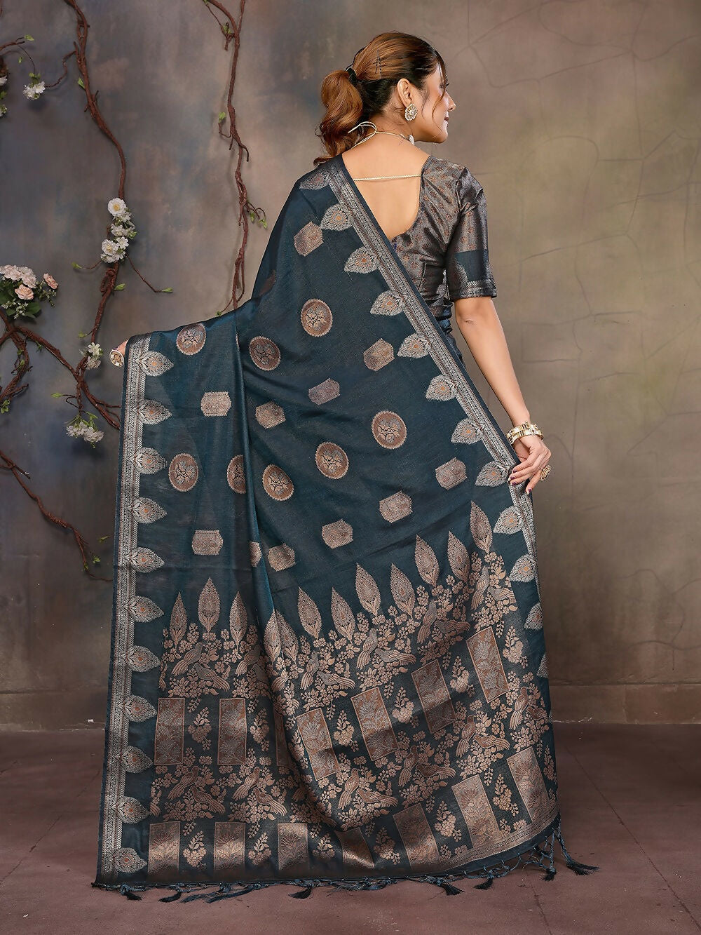 Joban Fashion Teal Blue Woven Jacquard Banarasi Silk Sarees | Swadesiicart