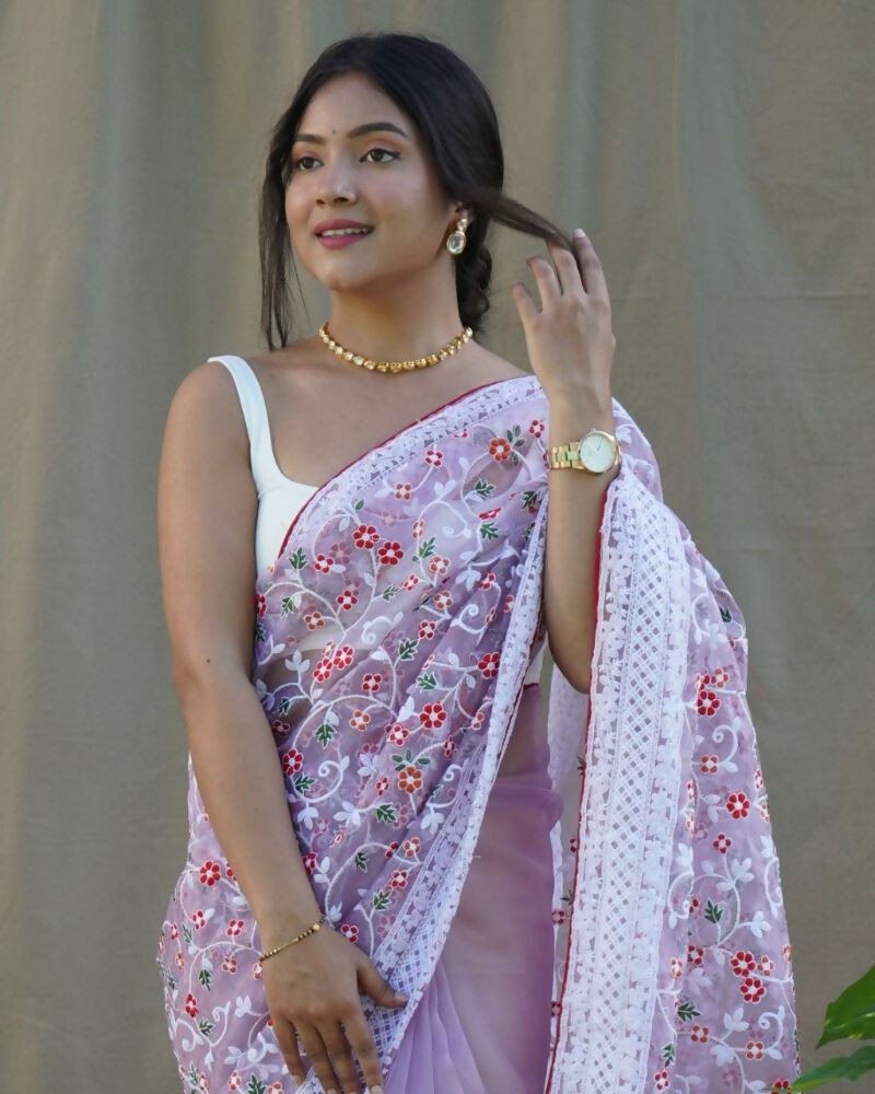 Vamsee Sombi Box Lavender Organza Saree - Swadesiicart