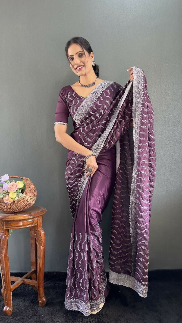 Vastranavya Purple Chinnon Silk Embroidery Multi Sequence & Arco Cut Work Ready to Wear Saree | Swadesiicart