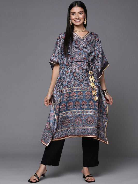 Ahalyaa Navy Blue & Maroon Floral Print Kaftan Kurta | Swadesiicart