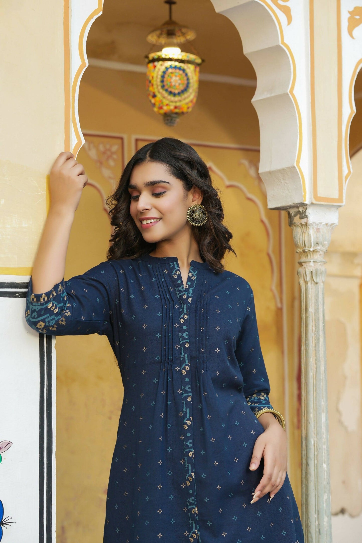 Juniper Women's Blue Cotton Flex Printed A-Line Kurta | Swadesiicart